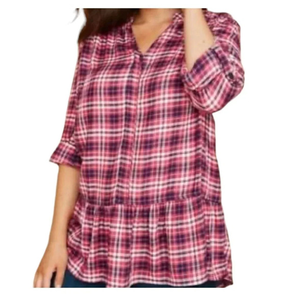 Lane Bryant Plaid Flannel Sz 18 Roll Tab Sleeves High Low Ruffle Hem Popover Top - Picture 1 of 16